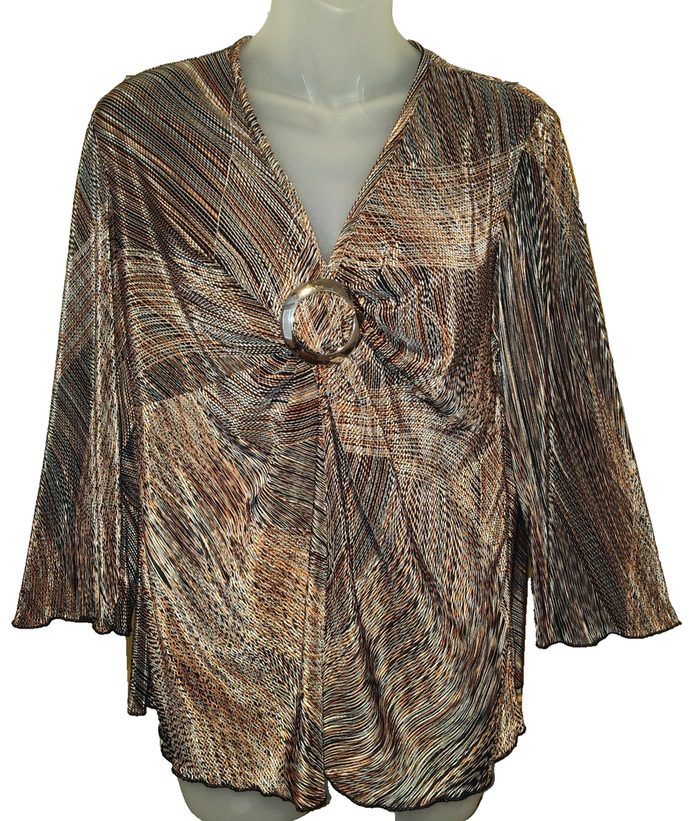 Cato Women’s Brown Abstract Print Pleated Flowy V Neck Top Size 14/16W BG28
